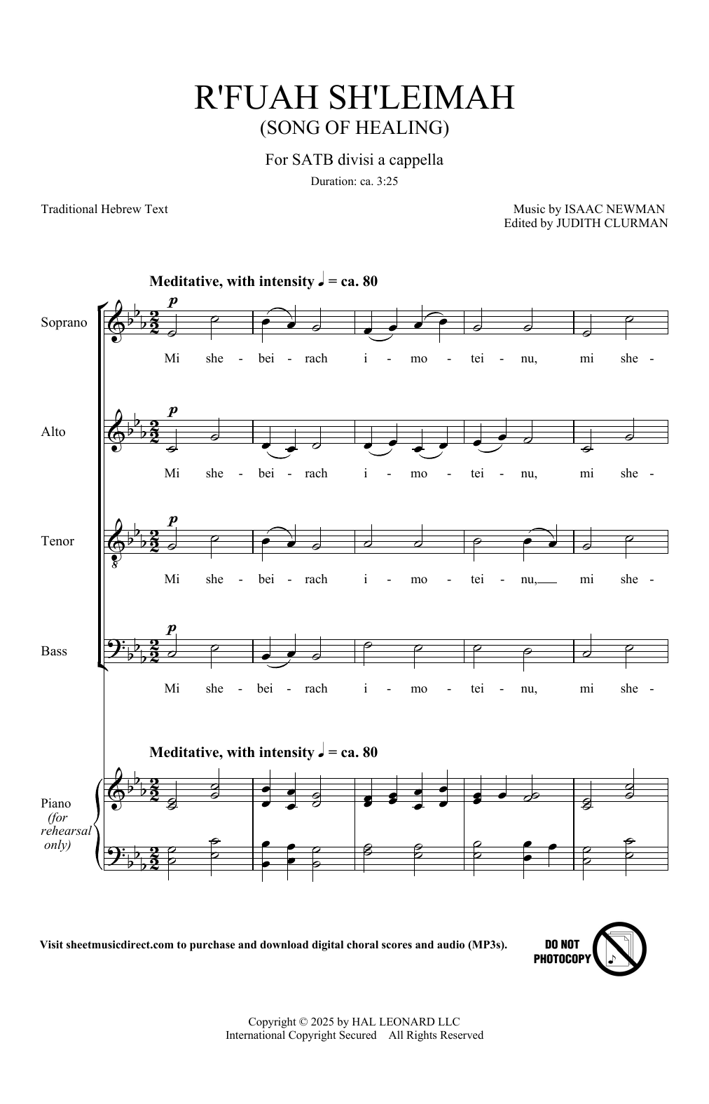 Isaac Newman R'fuah Sh'leimah (Song Of Healing) sheet music notes and chords arranged for SATB divisi Choir