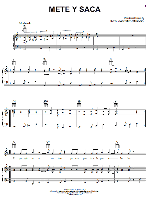 Isaac Villanueva Mendoza Mete Y Saca sheet music notes and chords arranged for Piano, Vocal & Guitar Chords (Right-Hand Melody)