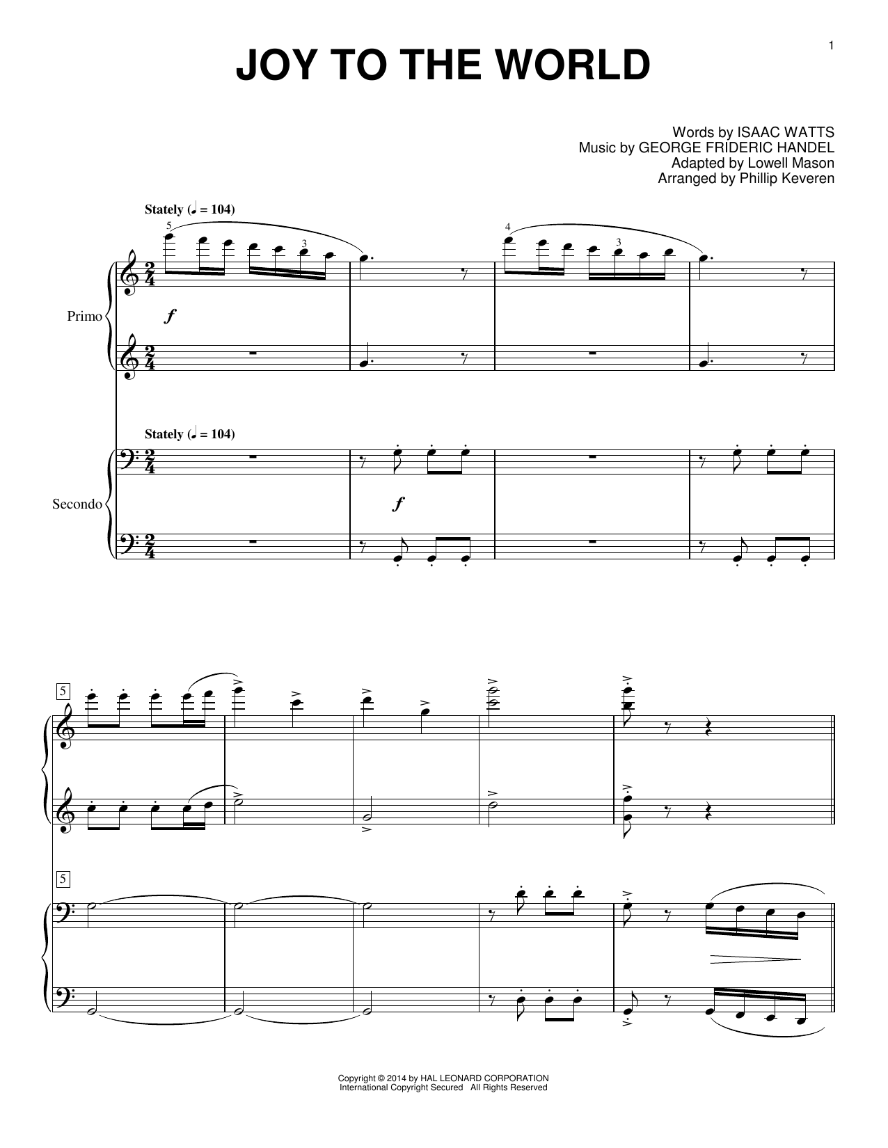 Isaac Watts and George Frideric Handel Joy To The World (arr. Phillip Keveren) sheet music notes and chords arranged for Piano Duet