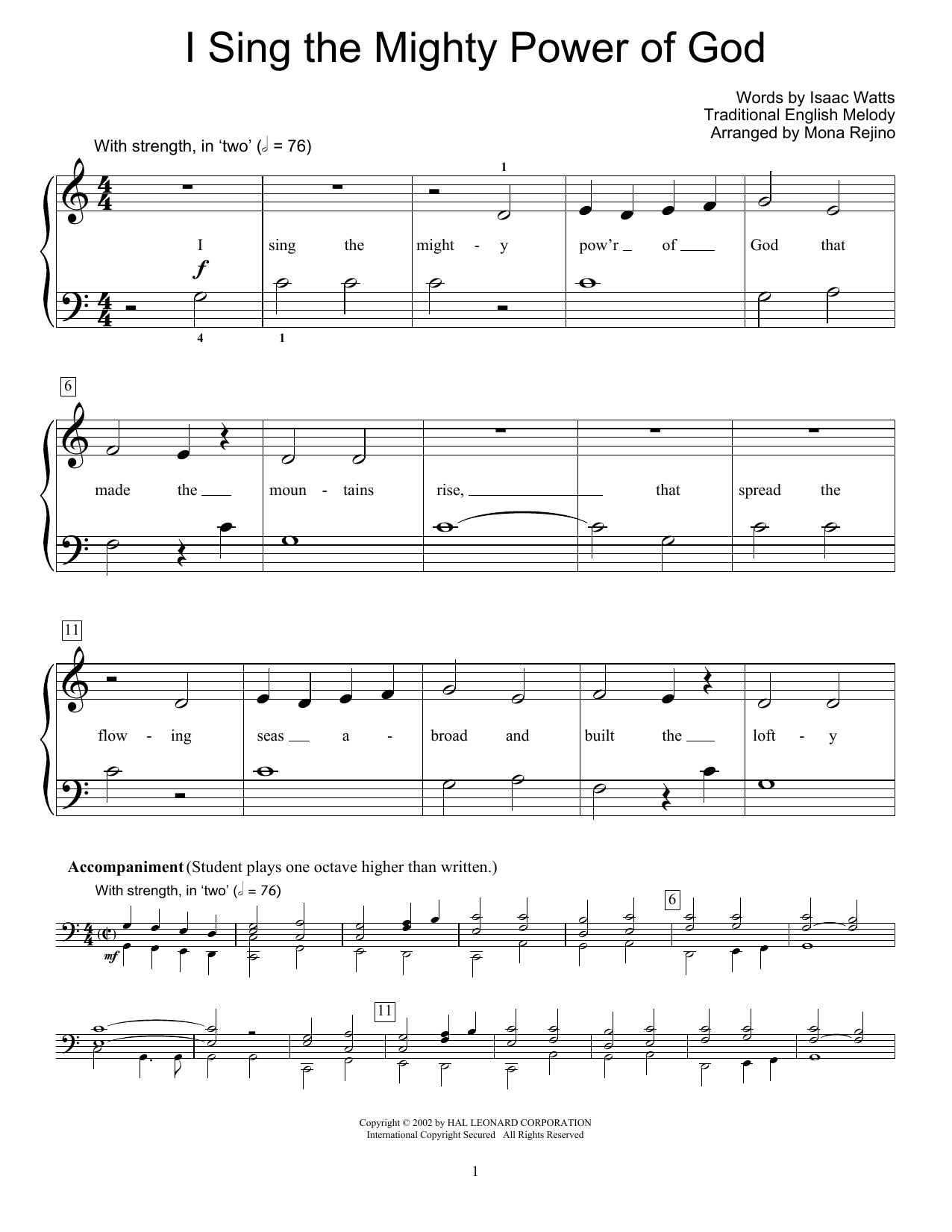 Isaac Watts I Sing The Mighty Power Of God (arr. Mona Rejino) sheet music notes and chords arranged for Educational Piano