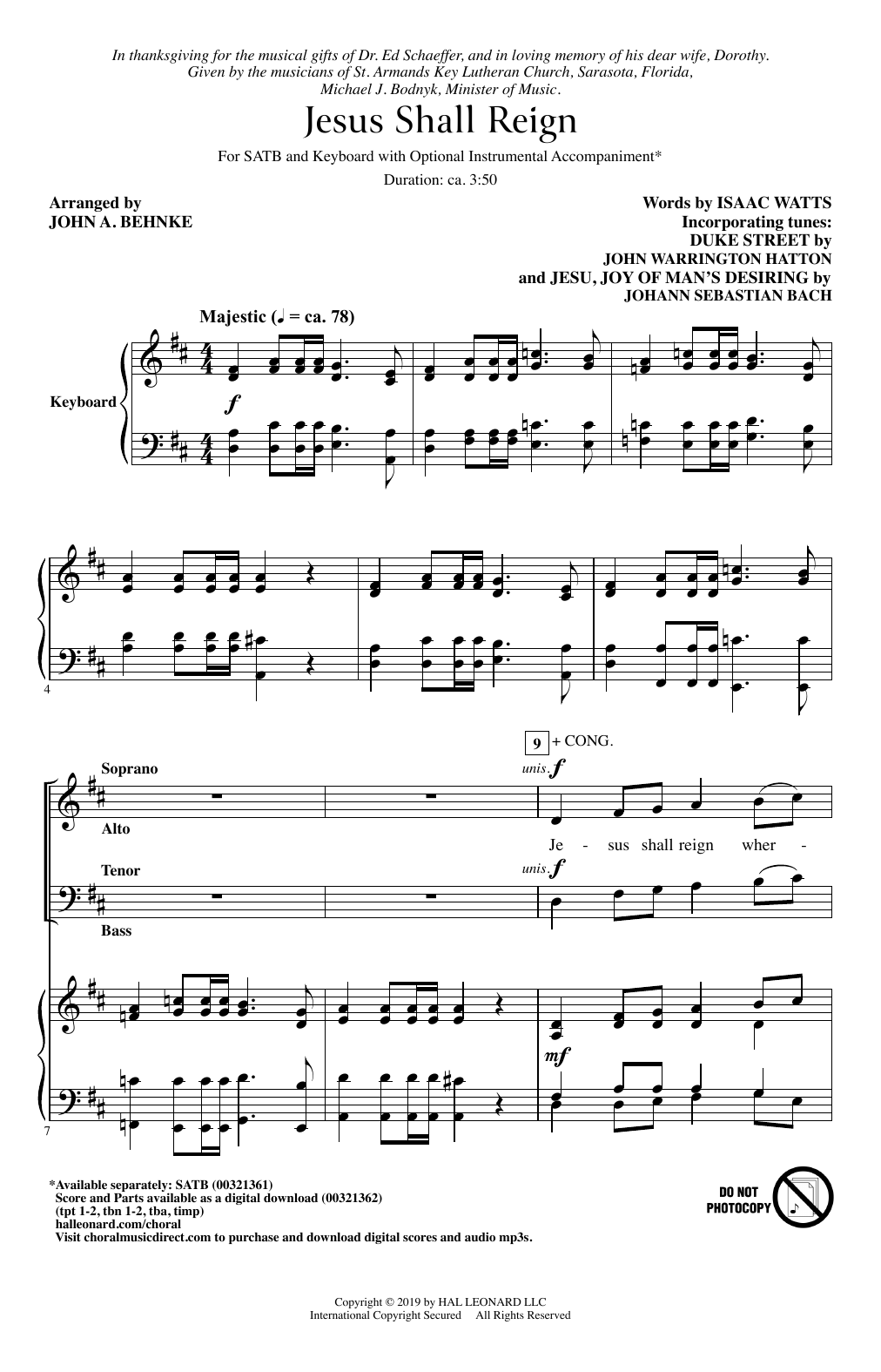 Isaac Watts Jesus Shall Reign (arr. John A. Behnke) sheet music notes and chords arranged for SATB Choir