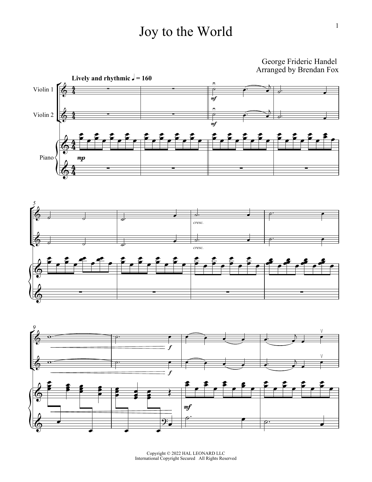 Isaac Watts Joy To The World (for Violin Duet and Piano) sheet music notes and chords arranged for Violin and Piano