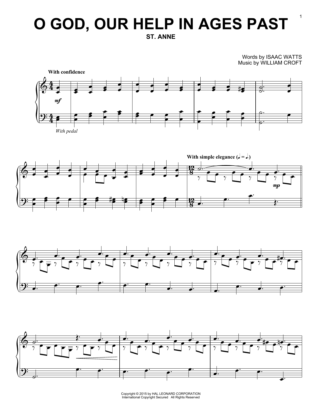 Isaac Watts O God, Our Help In Ages Past sheet music notes and chords arranged for Piano, Vocal & Guitar Chords (Right-Hand Melody)