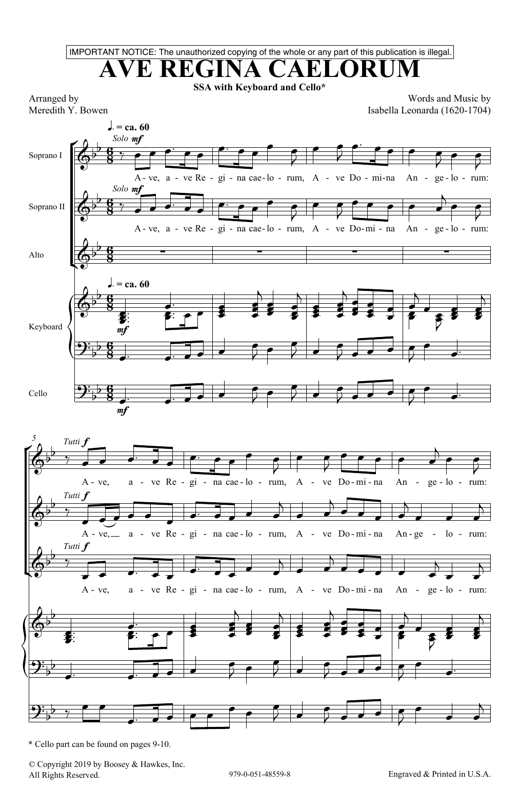 Isabella Leonarda Ave Regina Caelorum (arr. Meredith Y. Bowen) sheet music notes and chords arranged for SSA Choir