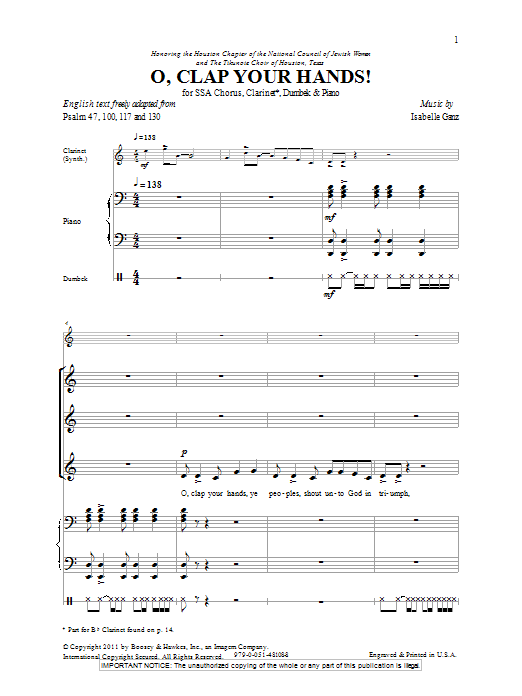 Isabelle Ganz O Clap Your Hands! sheet music notes and chords arranged for SSA Choir