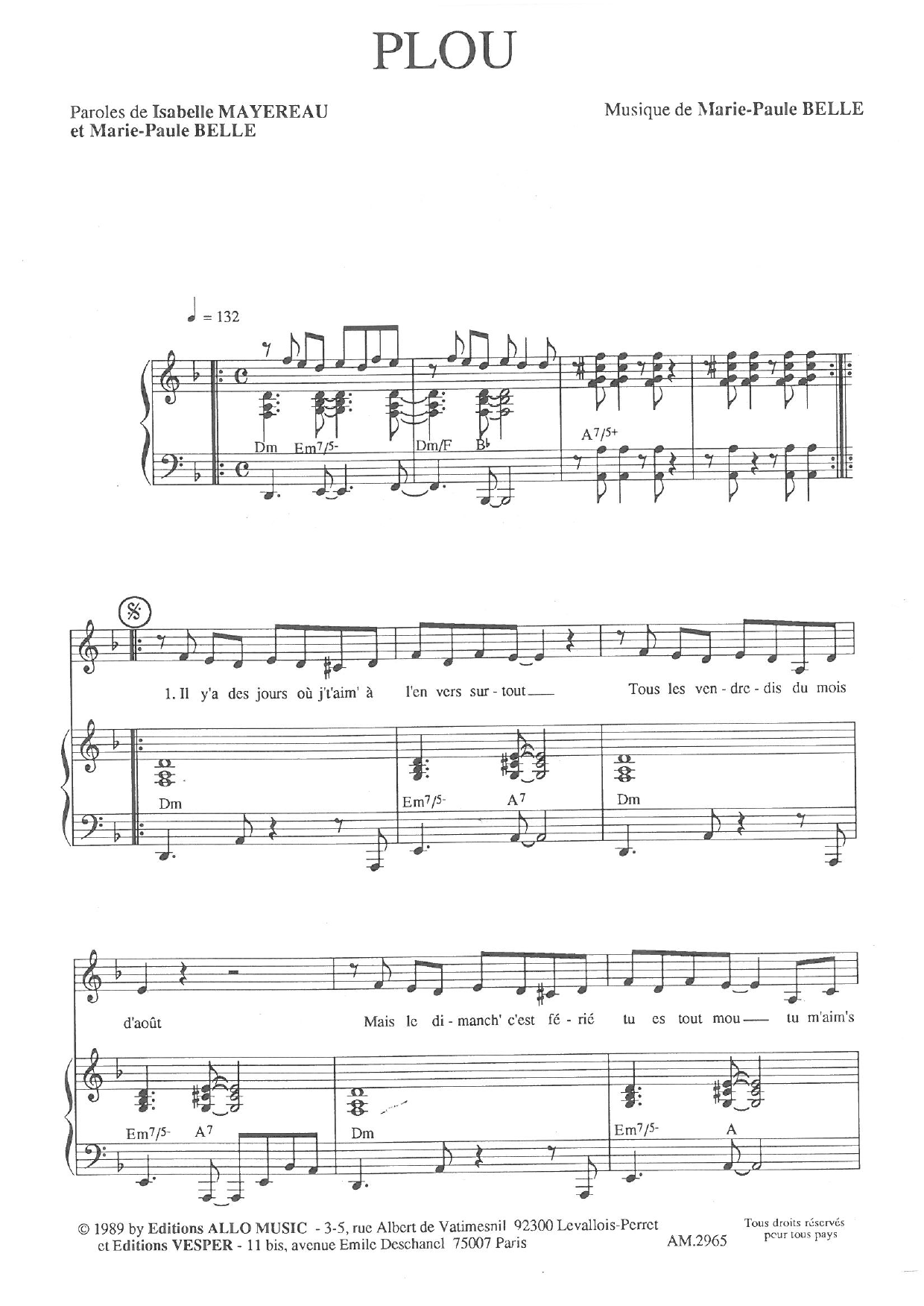 Isabelle Mayereau and Marie Paule Belle Plou sheet music notes and chords arranged for Piano & Vocal