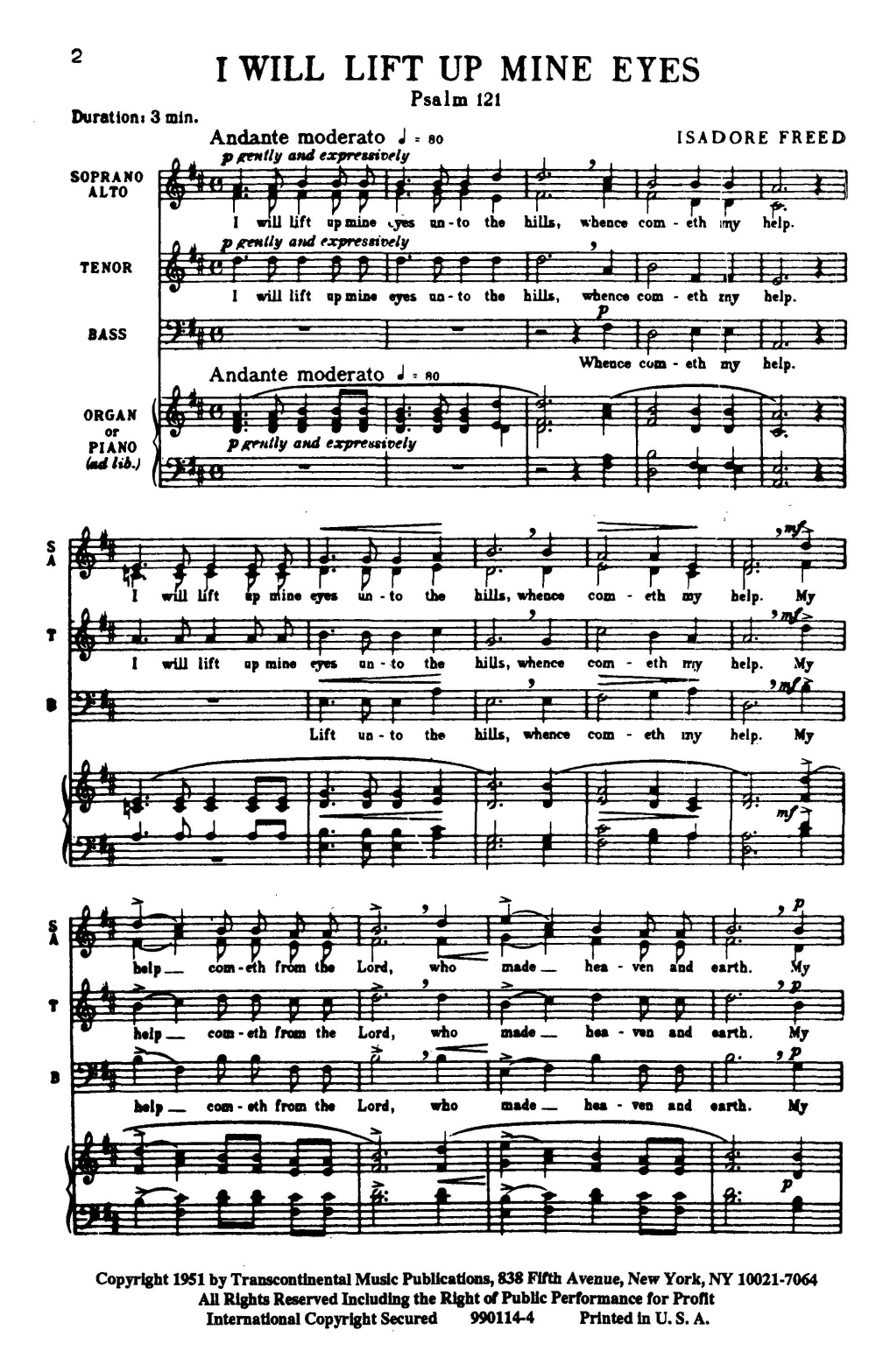 Isadore Freed Psalm 121: I Will Lift Up Mine Eyes (from Three Psalms) sheet music notes and chords arranged for SATB Choir