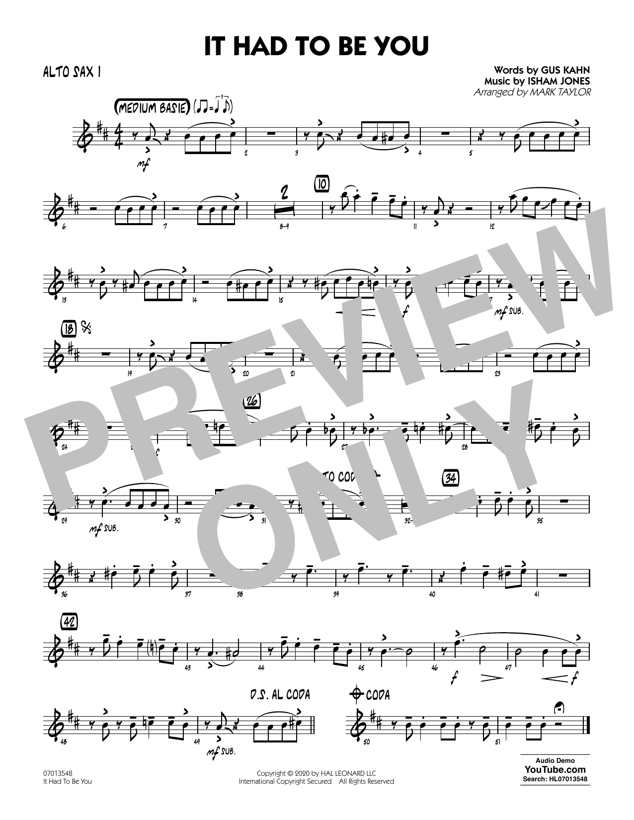 Isham Jones and Gus Kahn It Had to Be You (arr. Mark Taylor) - Alto Sax 1 sheet music notes and chords arranged for Jazz Ensemble