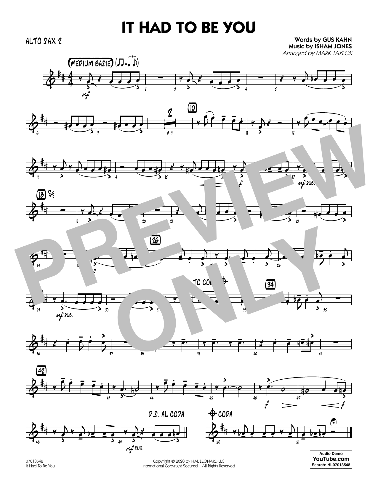 Isham Jones and Gus Kahn It Had to Be You (arr. Mark Taylor) - Alto Sax 2 sheet music notes and chords arranged for Jazz Ensemble