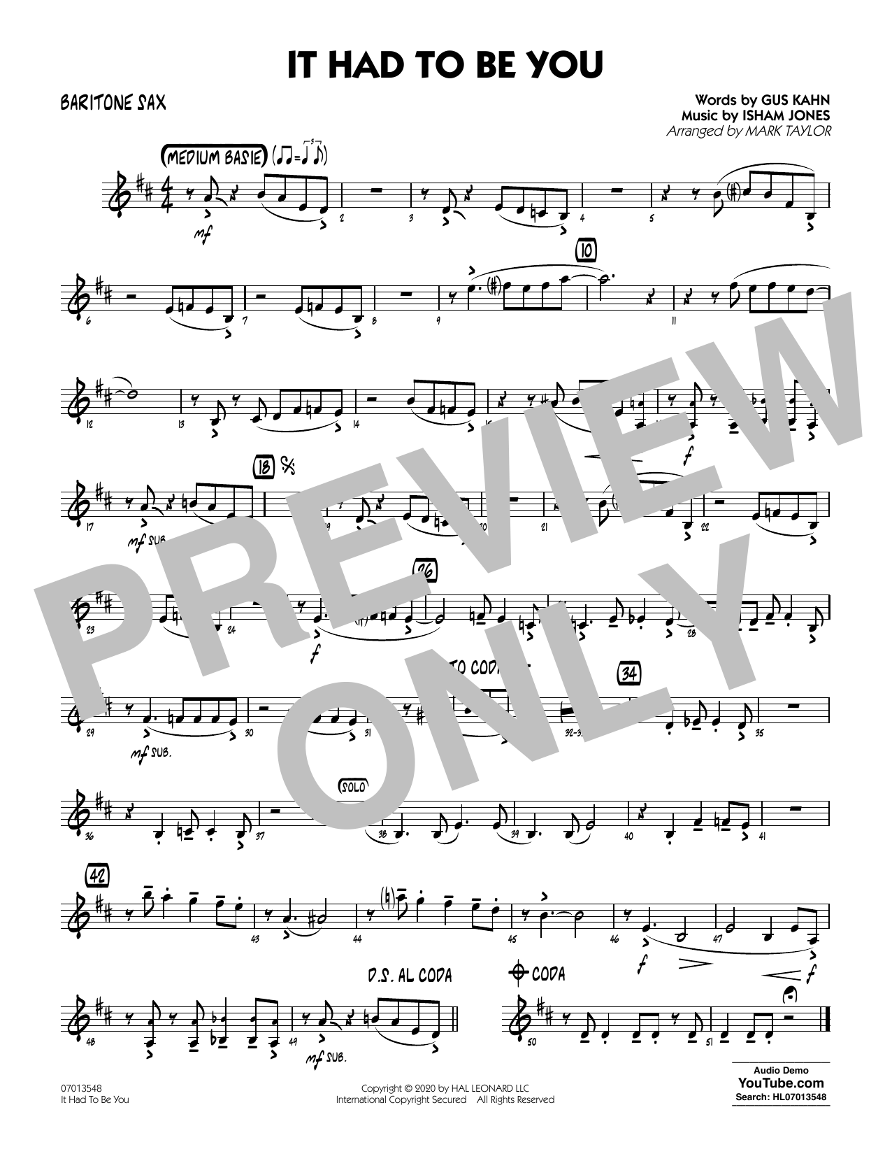 Isham Jones and Gus Kahn It Had to Be You (arr. Mark Taylor) - Baritone Sax sheet music notes and chords arranged for Jazz Ensemble