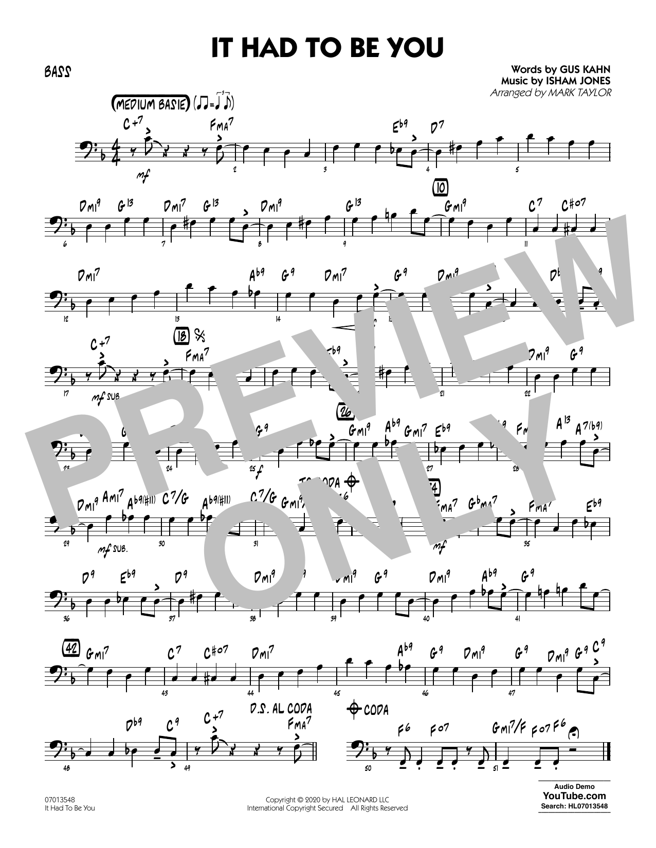 Isham Jones and Gus Kahn It Had to Be You (arr. Mark Taylor) - Bass sheet music notes and chords arranged for Jazz Ensemble