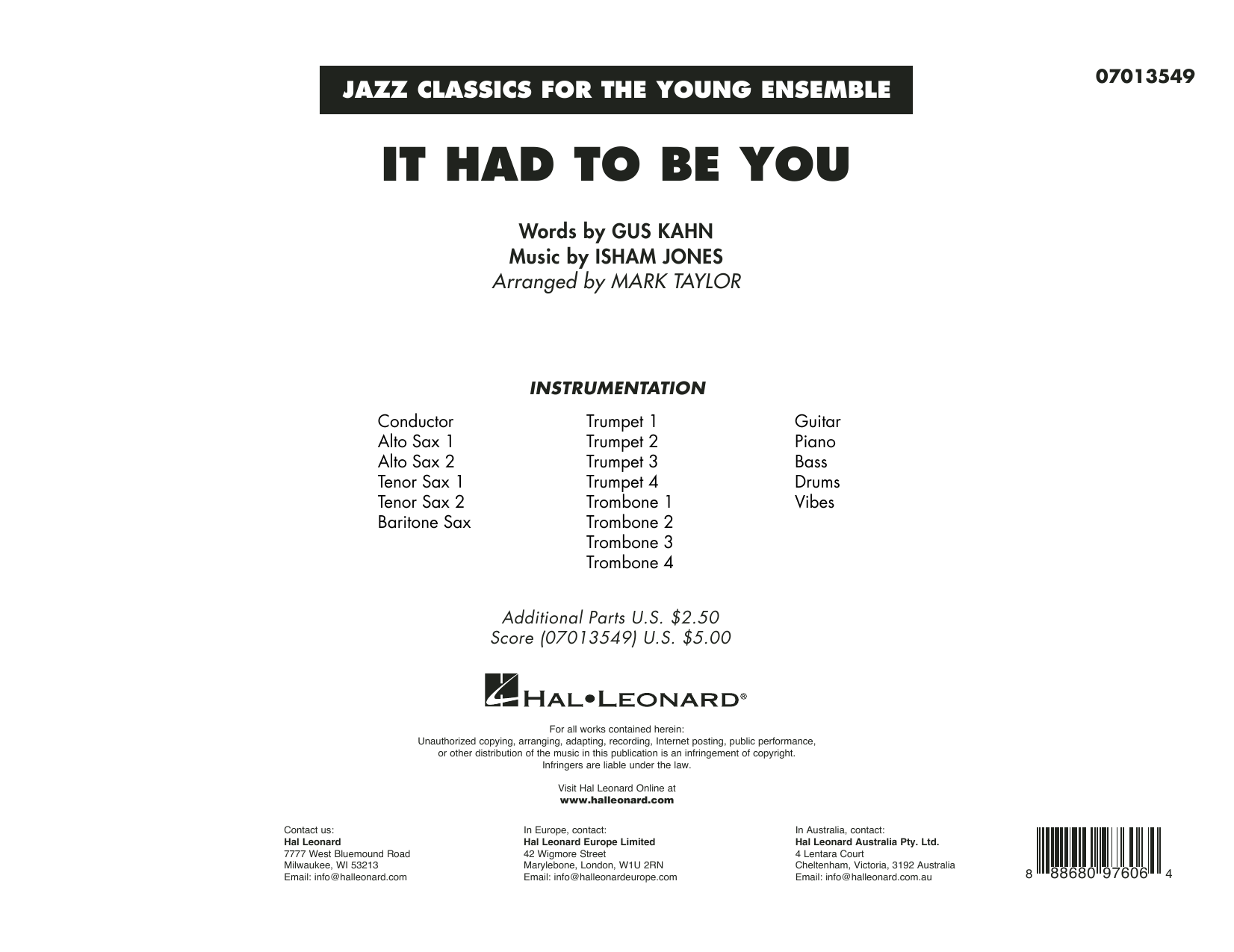 Isham Jones and Gus Kahn It Had to Be You (arr. Mark Taylor) - Conductor Score (Full Score) sheet music notes and chords arranged for Jazz Ensemble