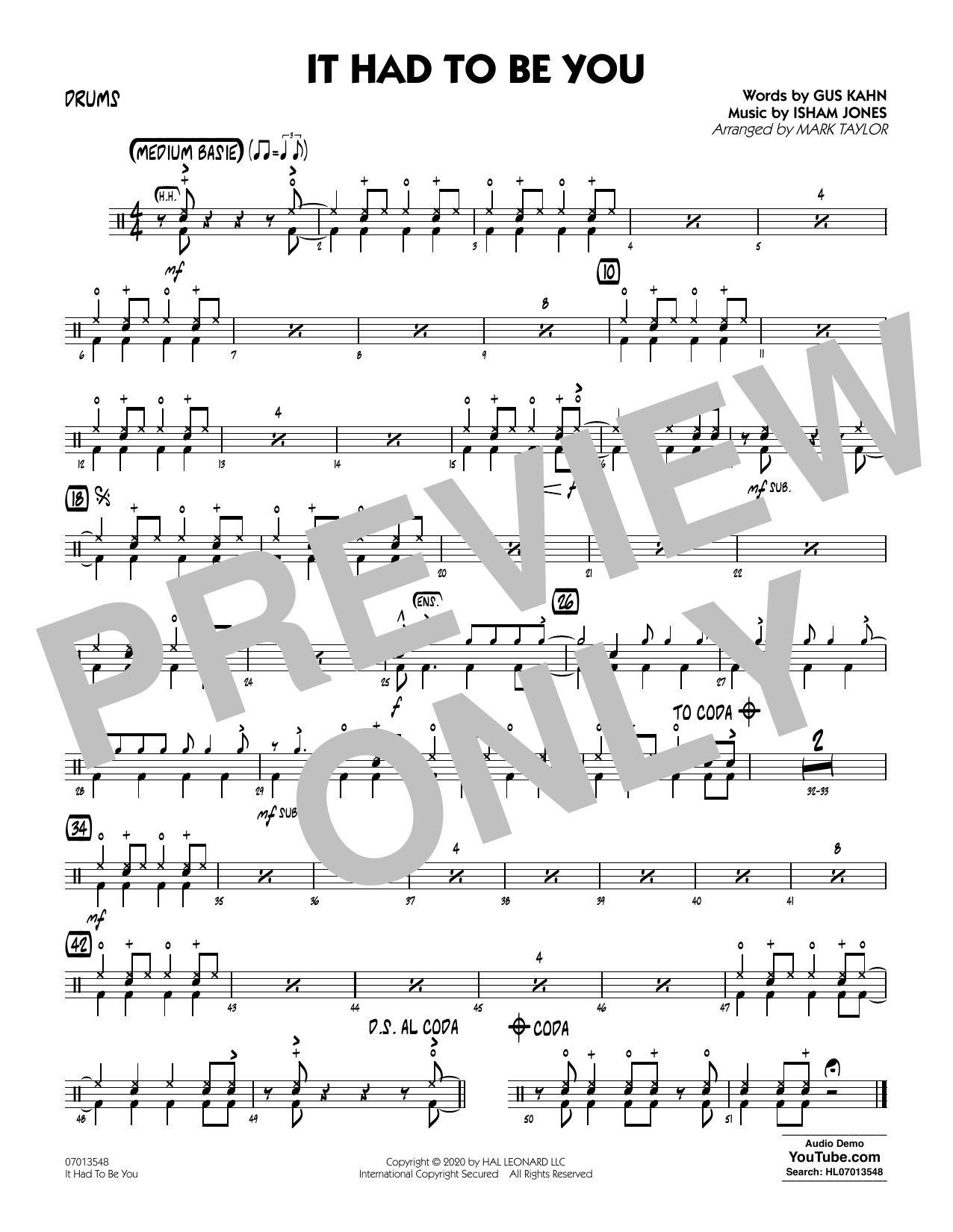 Isham Jones and Gus Kahn It Had to Be You (arr. Mark Taylor) - Drums sheet music notes and chords arranged for Jazz Ensemble