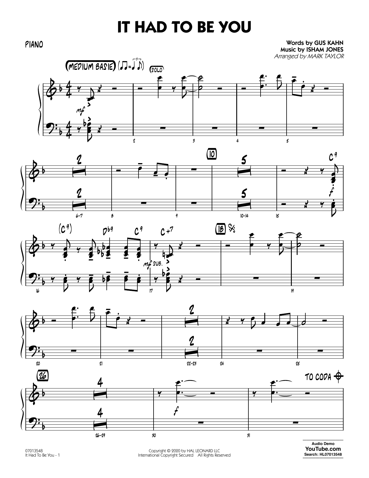 Isham Jones and Gus Kahn It Had to Be You (arr. Mark Taylor) - Piano sheet music notes and chords arranged for Jazz Ensemble