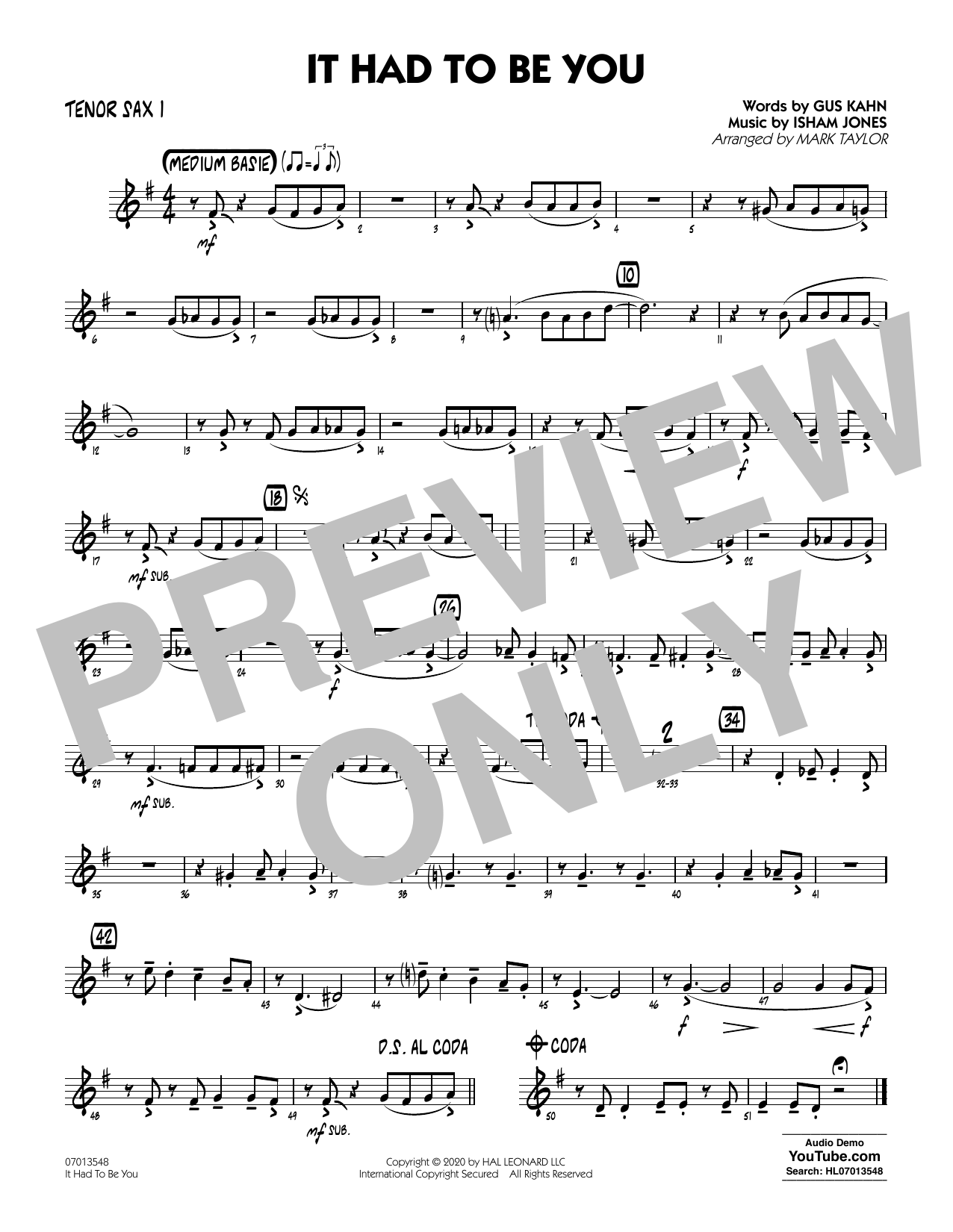 Isham Jones and Gus Kahn It Had to Be You (arr. Mark Taylor) - Tenor Sax 1 sheet music notes and chords arranged for Jazz Ensemble