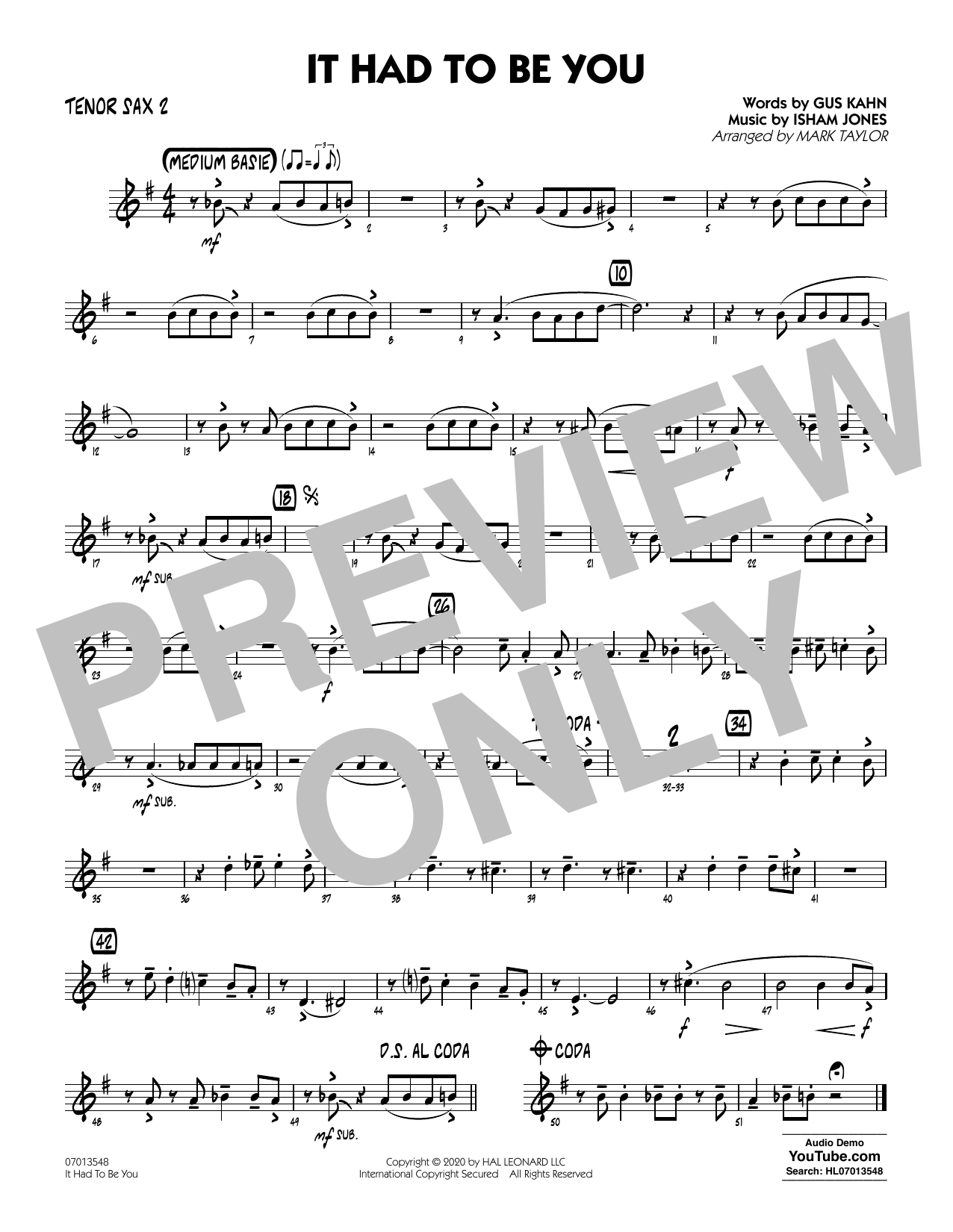 Isham Jones and Gus Kahn It Had to Be You (arr. Mark Taylor) - Tenor Sax 2 sheet music notes and chords arranged for Jazz Ensemble