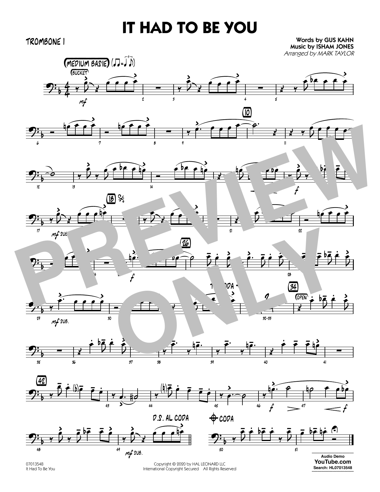 Isham Jones and Gus Kahn It Had to Be You (arr. Mark Taylor) - Trombone 1 sheet music notes and chords arranged for Jazz Ensemble