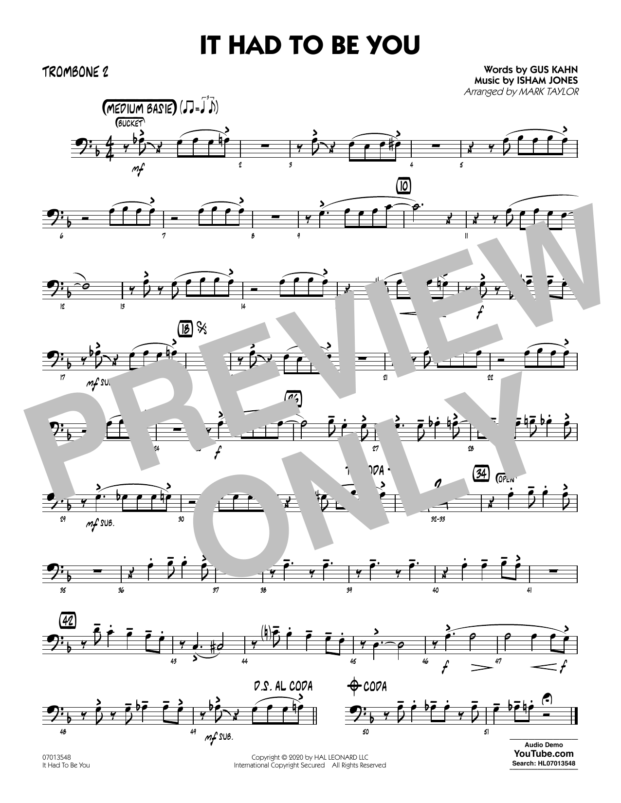 Isham Jones and Gus Kahn It Had to Be You (arr. Mark Taylor) - Trombone 2 sheet music notes and chords arranged for Jazz Ensemble