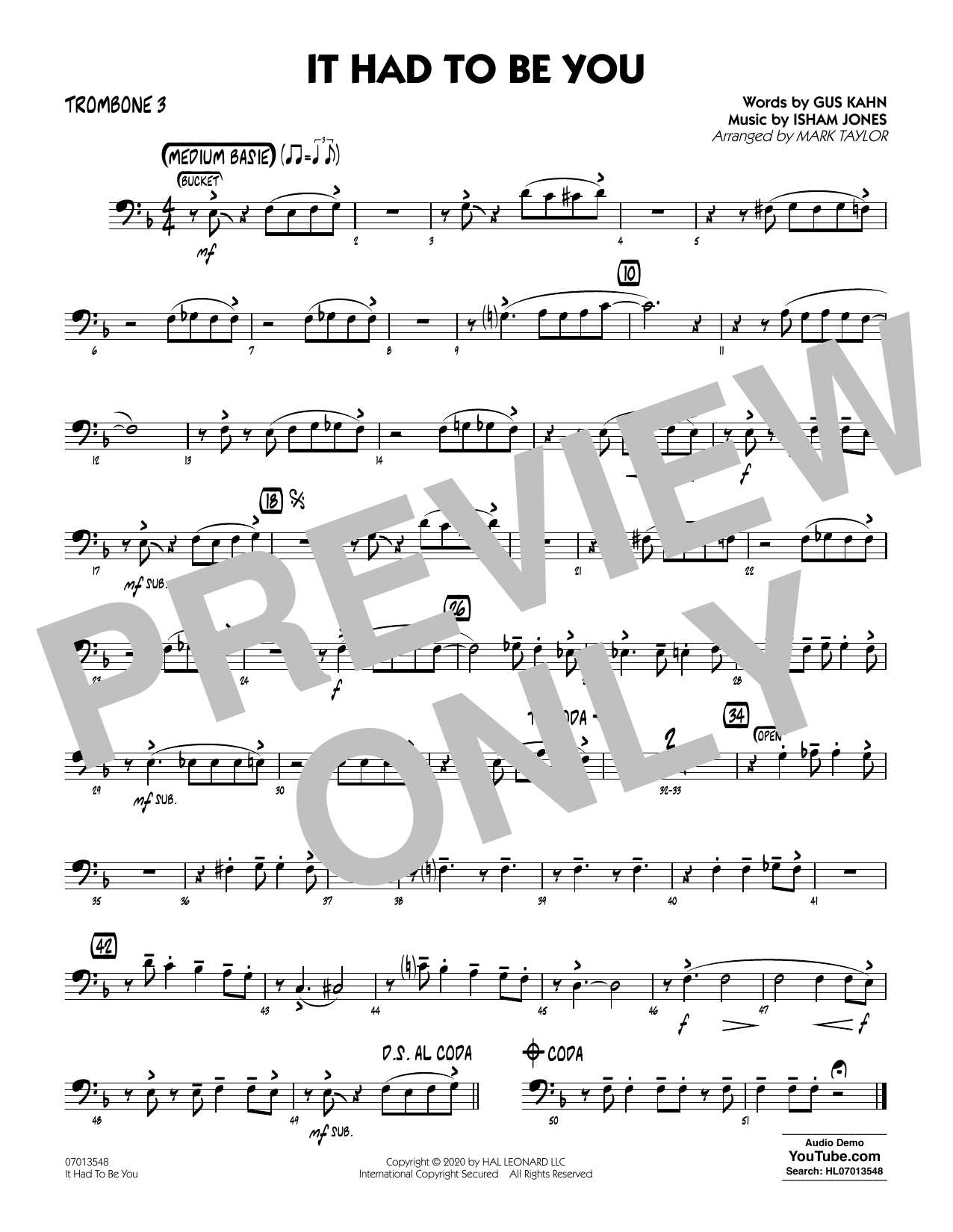 Isham Jones and Gus Kahn It Had to Be You (arr. Mark Taylor) - Trombone 3 sheet music notes and chords arranged for Jazz Ensemble