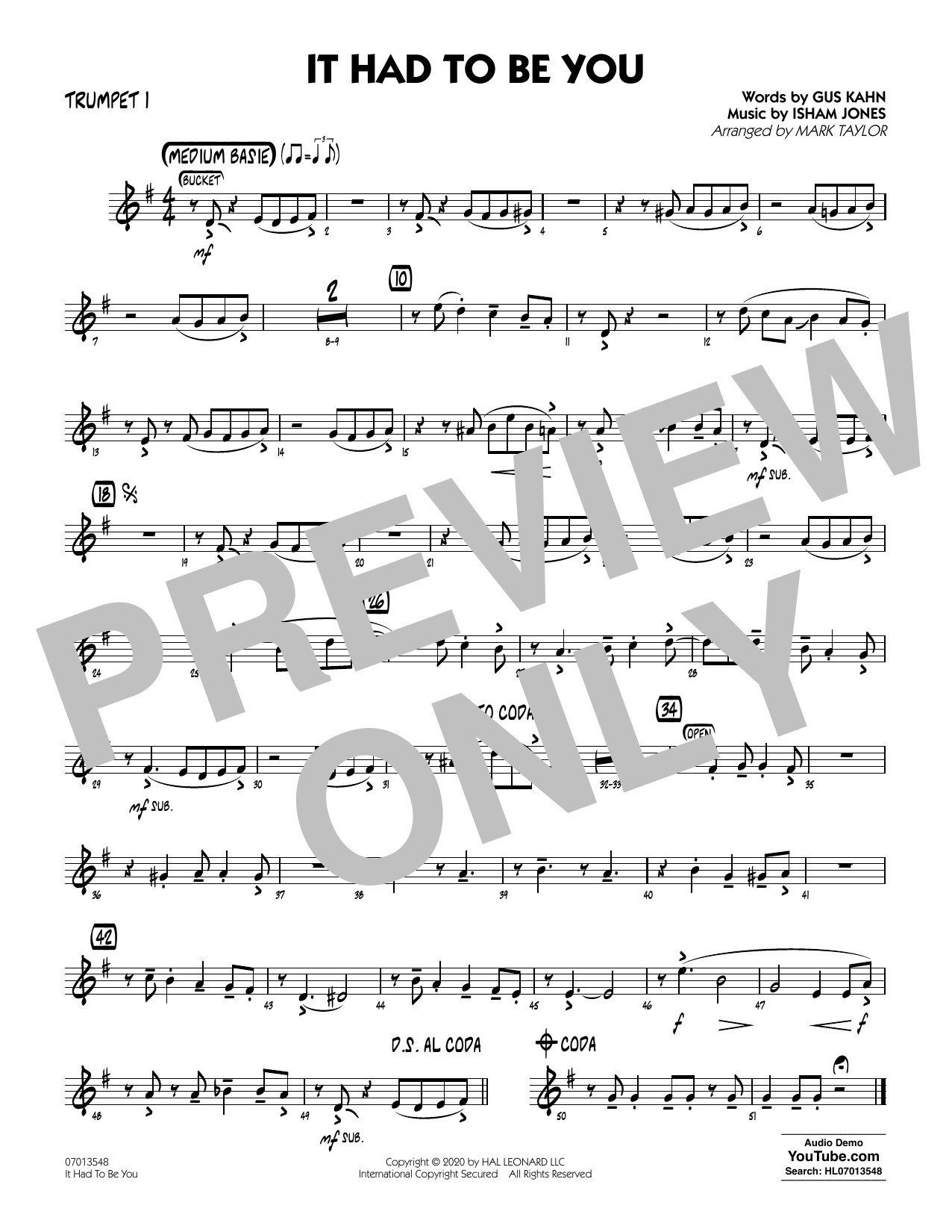 Isham Jones and Gus Kahn It Had to Be You (arr. Mark Taylor) - Trumpet 1 sheet music notes and chords arranged for Jazz Ensemble