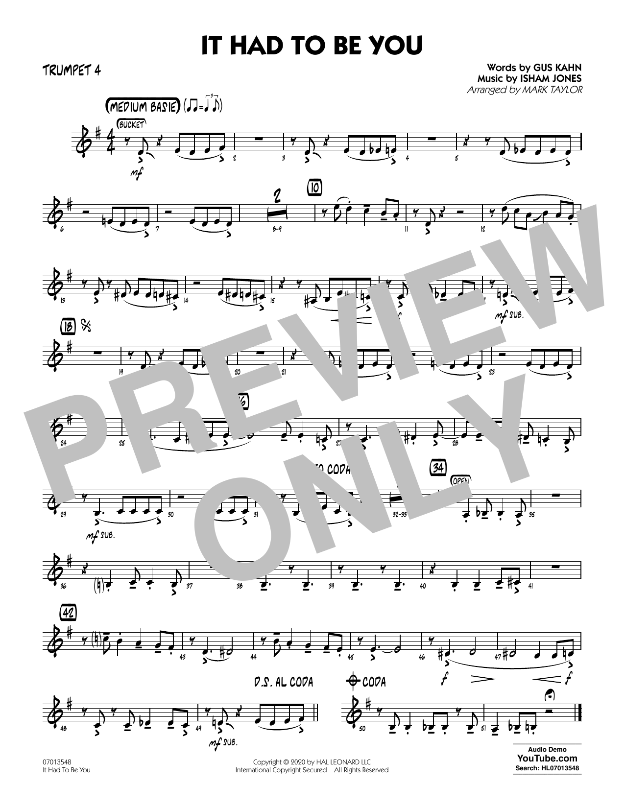 Isham Jones and Gus Kahn It Had to Be You (arr. Mark Taylor) - Trumpet 4 sheet music notes and chords arranged for Jazz Ensemble