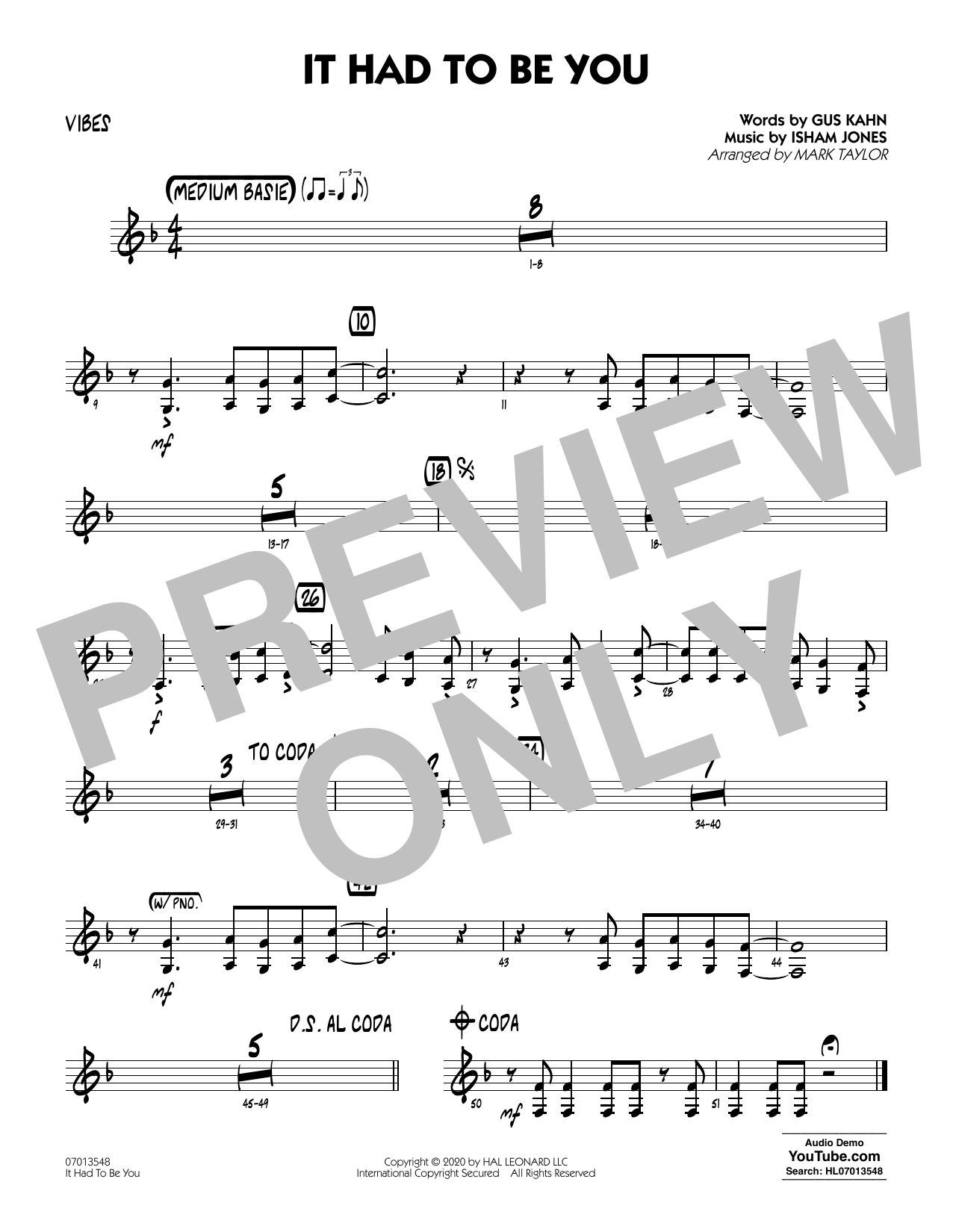 Isham Jones and Gus Kahn It Had to Be You (arr. Mark Taylor) - Vibes sheet music notes and chords arranged for Jazz Ensemble