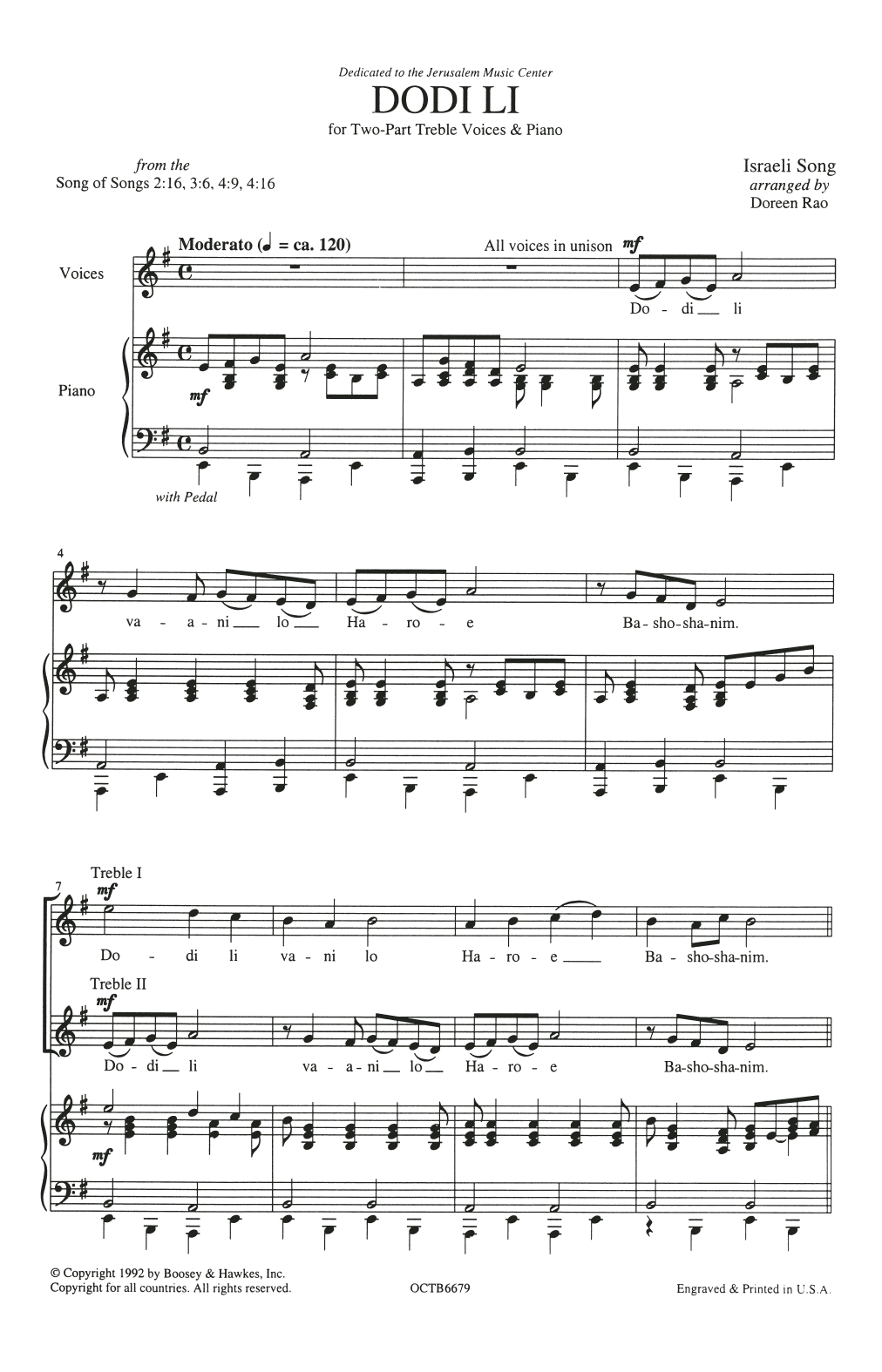 Israeli Song Dodi Li (arr. Doreen Rao) sheet music notes and chords arranged for 2-Part Choir