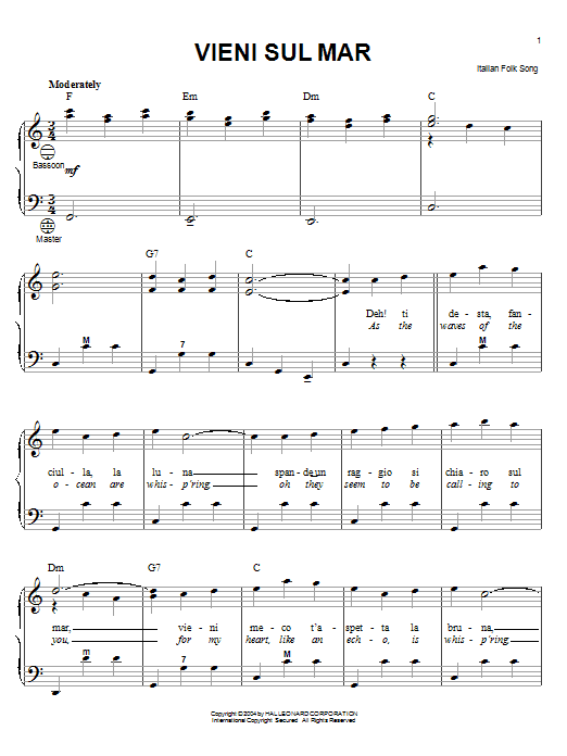 Italian Folk Song Vieni Sul Mar sheet music notes and chords arranged for Piano, Vocal & Guitar Chords (Right-Hand Melody)