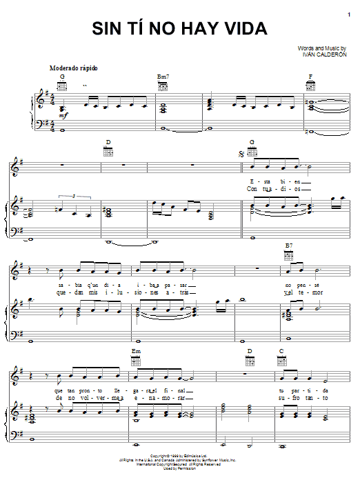 Iván Calderón Sin Tí No Hay Vida sheet music notes and chords arranged for Piano, Vocal & Guitar Chords (Right-Hand Melody)