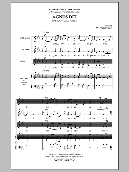Ivo Antognini Agnus Dei sheet music notes and chords arranged for SSA Choir