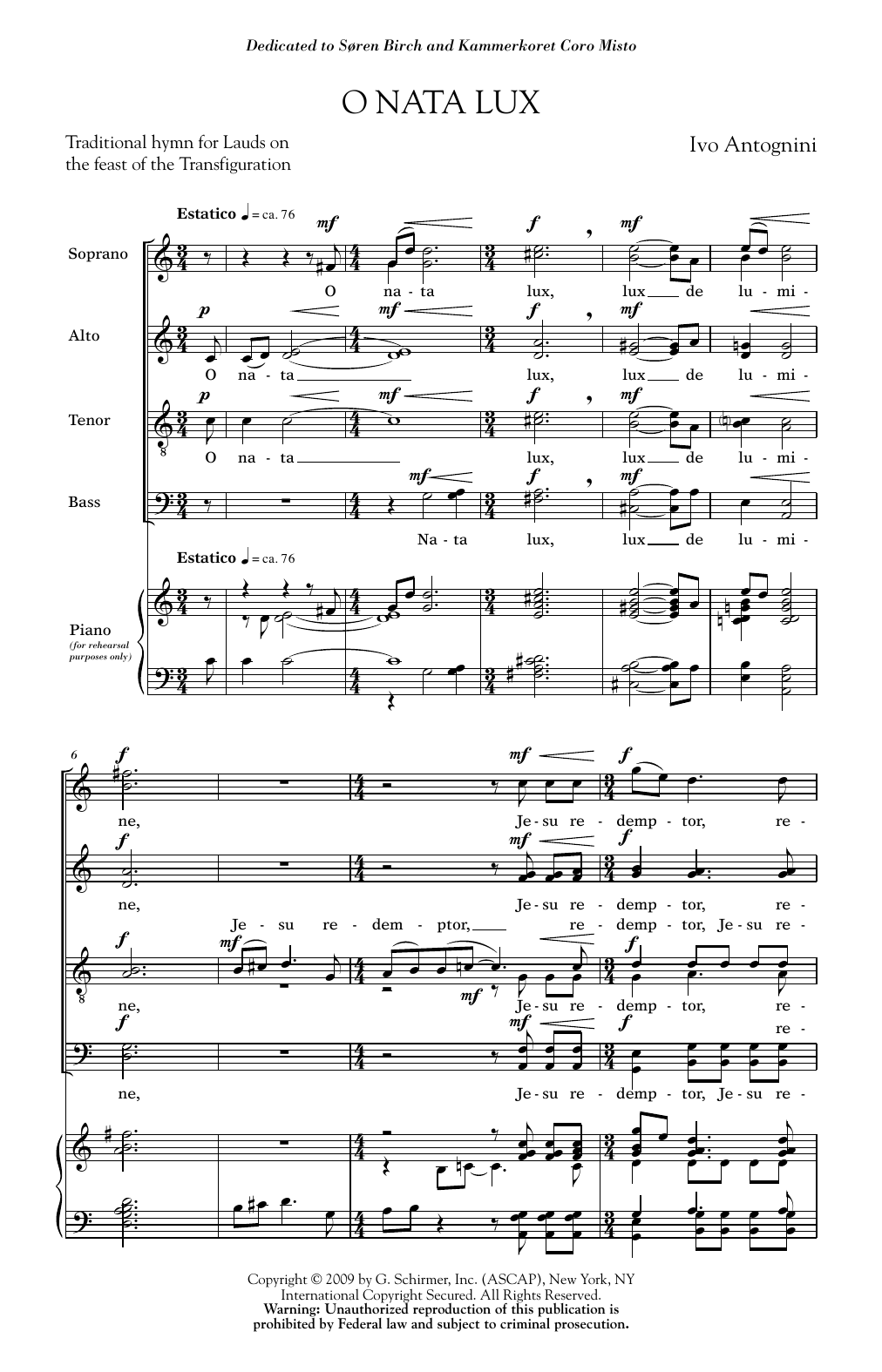 Ivo Antognini O Nata Lux sheet music notes and chords arranged for SATB Choir