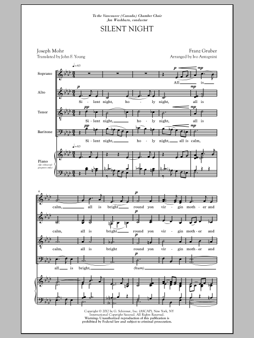 Ivo Antognini Silent Night sheet music notes and chords arranged for SATB Choir