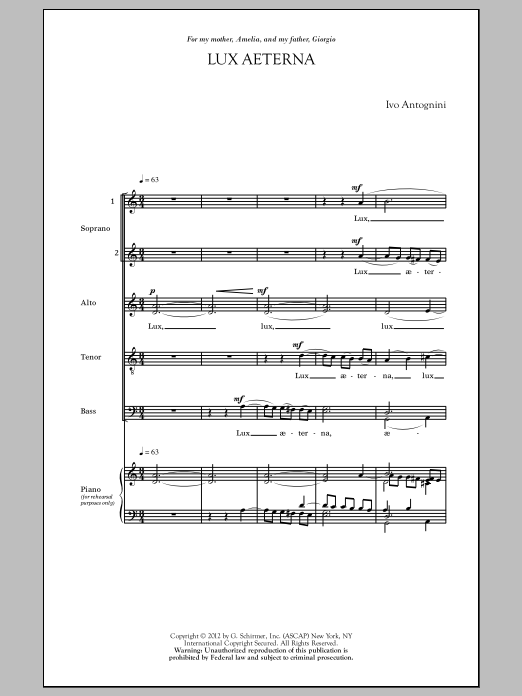 Ivo Antognini Lux Aeterna sheet music notes and chords arranged for SATB Choir