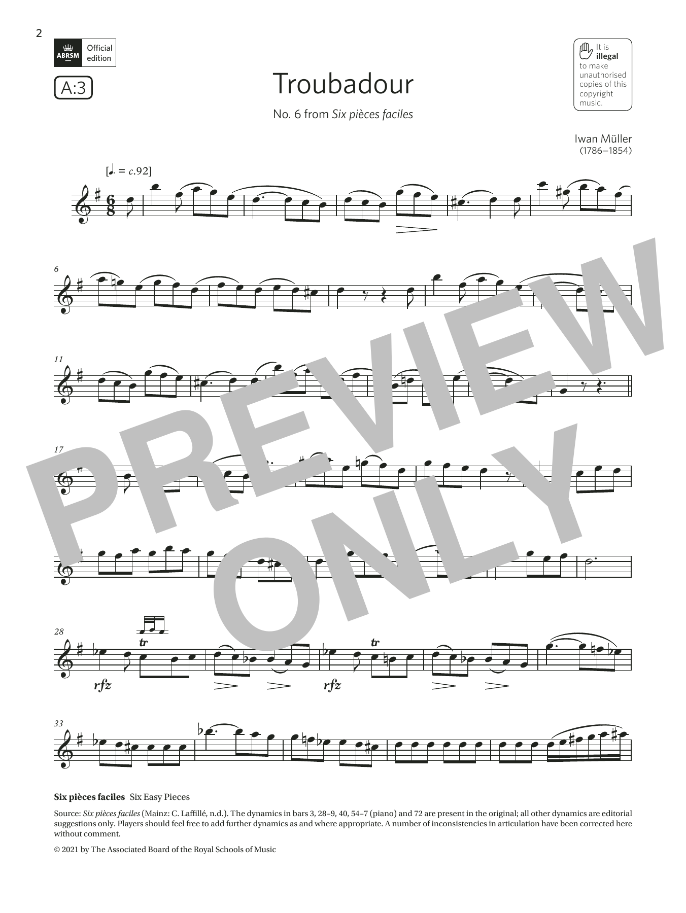 Iwan Müller Troubadour (from Six pièces faciles) (Grade 5 List A3 from the ABRSM Clarinet syllabus from 2022) sheet music notes and chords arranged for Clarinet Solo