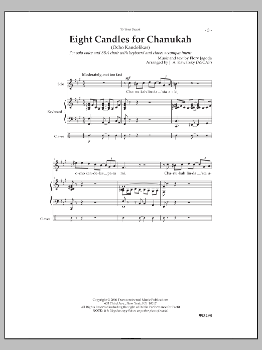 J. A. Kawarsky Eight Candles for Chanukah sheet music notes and chords arranged for SSA Choir