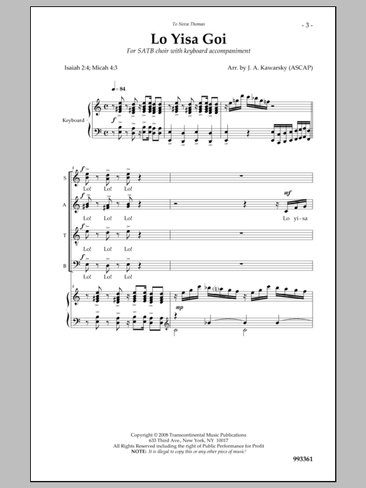 J. A. Kawarsky Lo Yisa Goi sheet music notes and chords arranged for SATB Choir