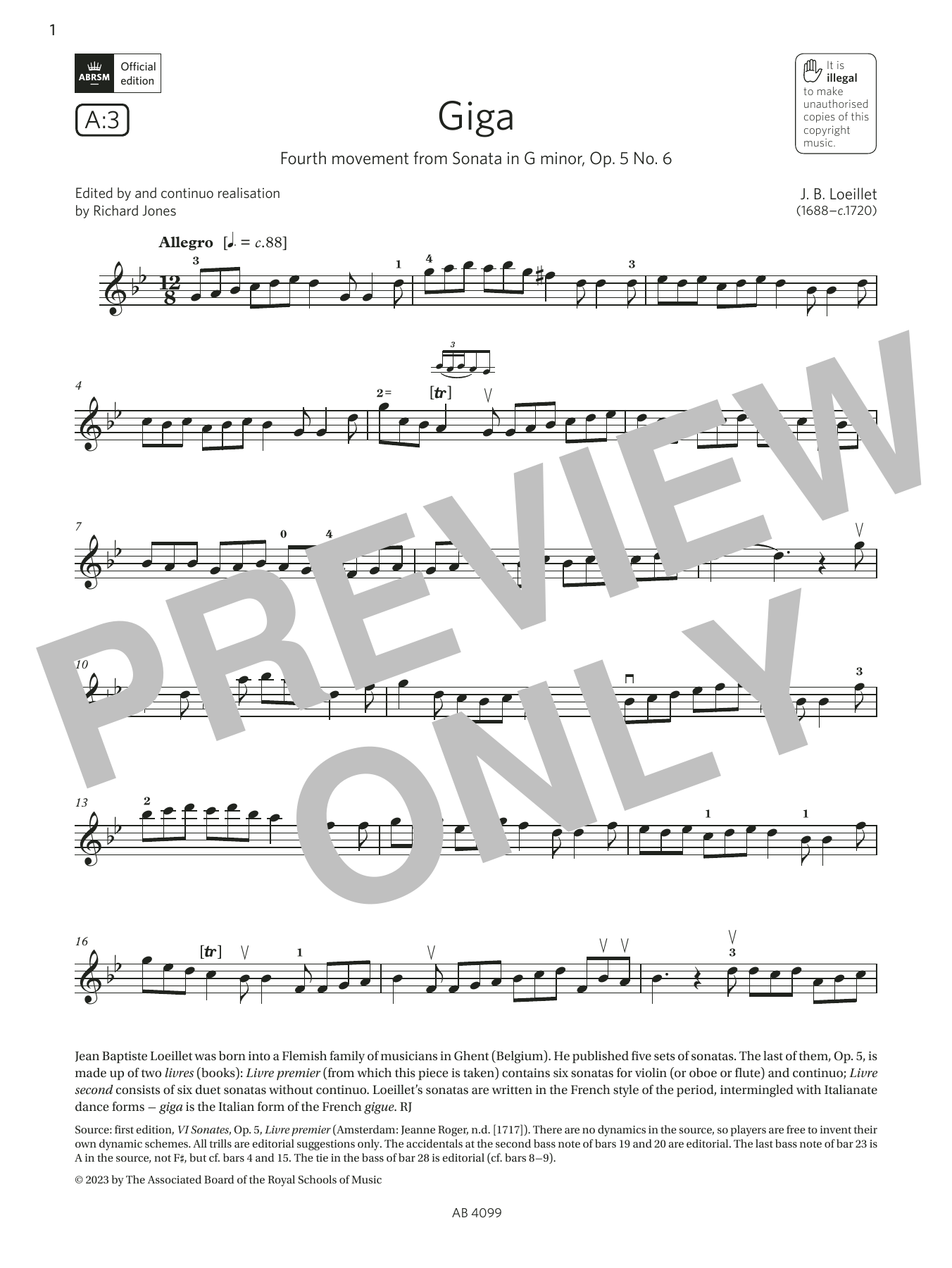 J. B. Loeillet Giga (Grade 5, A3, from the ABRSM Violin Syllabus from 2024) sheet music notes and chords arranged for Violin Solo