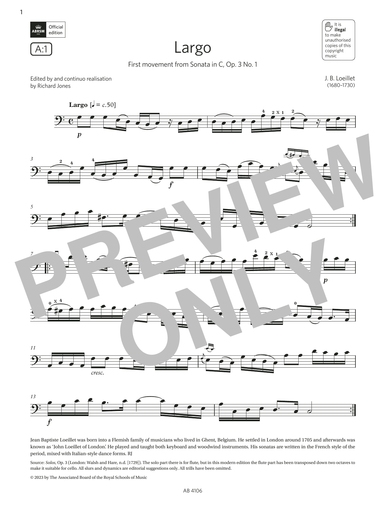 J. B. Loeillet Largo (Grade 3, A1, from the ABRSM Cello Syllabus from 2024) sheet music notes and chords arranged for Cello Solo