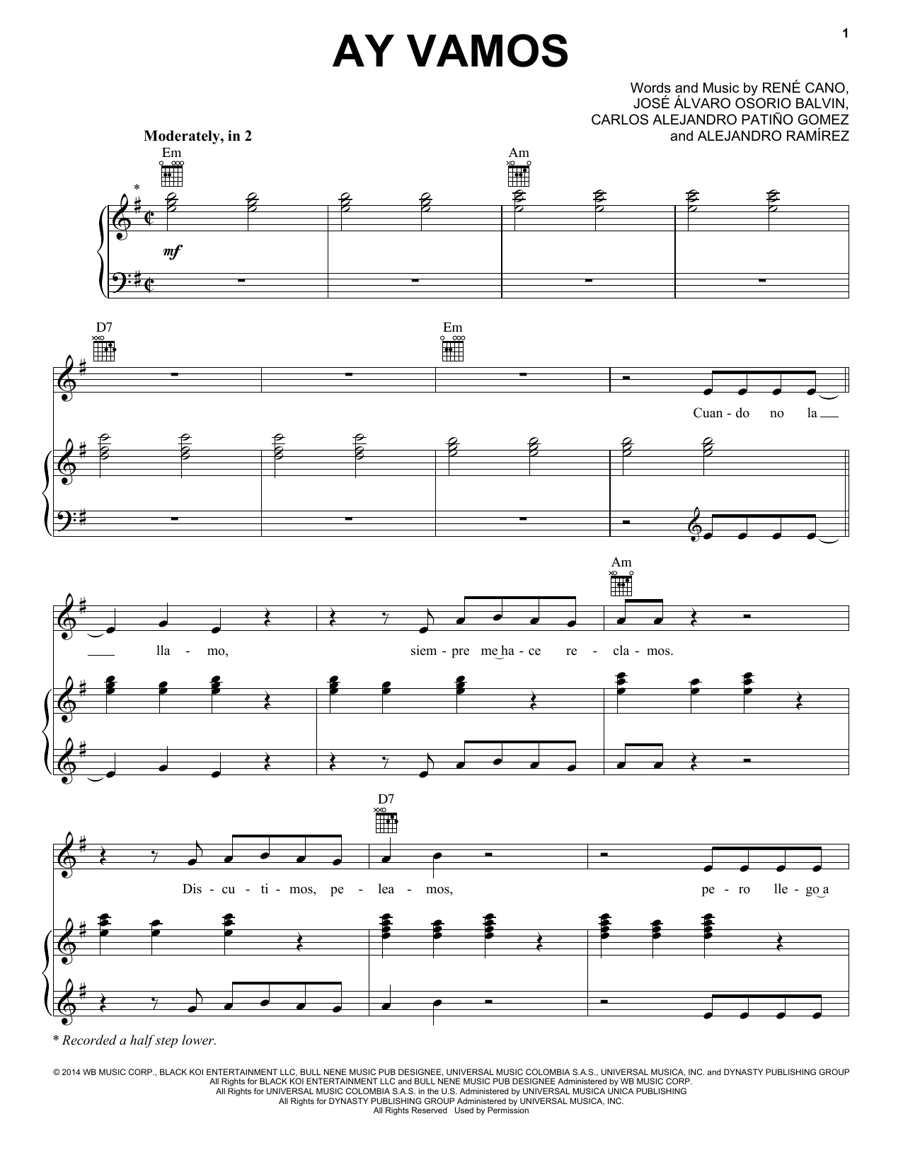J Balvin Ay Vamos sheet music notes and chords arranged for Piano, Vocal & Guitar Chords (Right-Hand Melody)