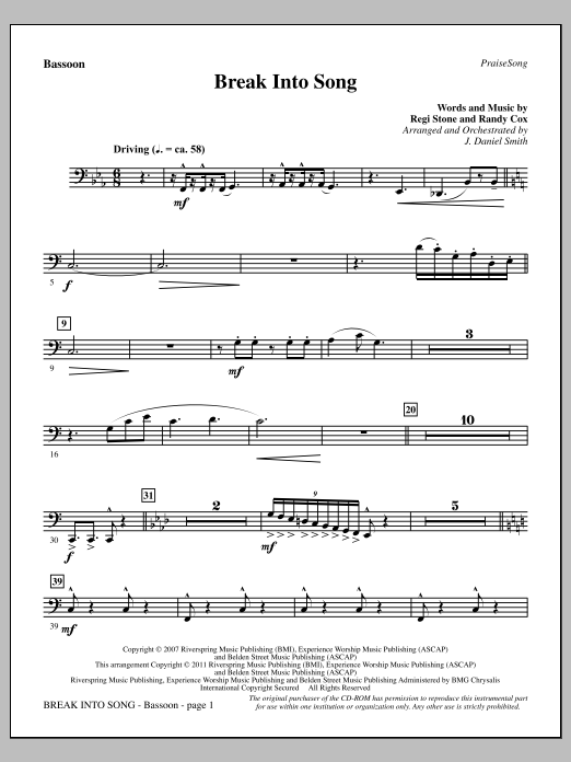 J. Daniel Smith Break Into Song - Bassoon sheet music notes and chords arranged for Choir Instrumental Pak