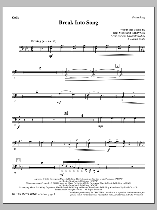 J. Daniel Smith Break Into Song - Cello sheet music notes and chords arranged for Choir Instrumental Pak