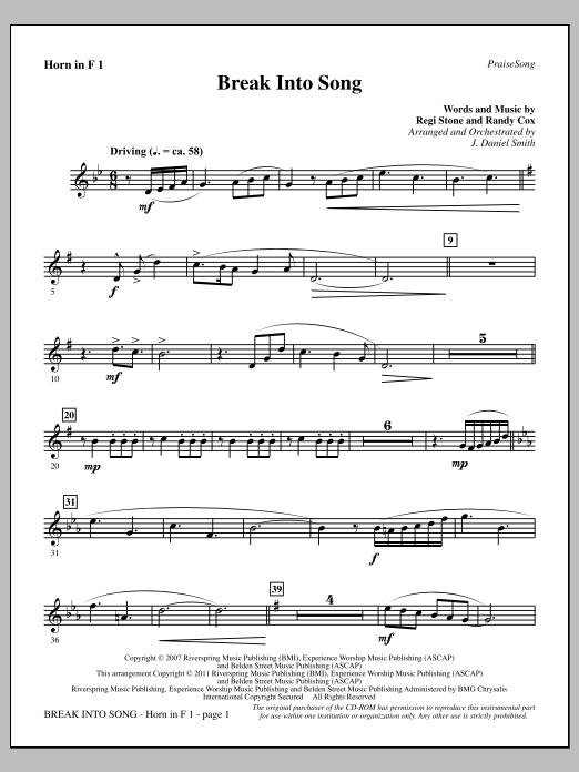 J. Daniel Smith Break Into Song - F Horn 1 sheet music notes and chords arranged for Choir Instrumental Pak