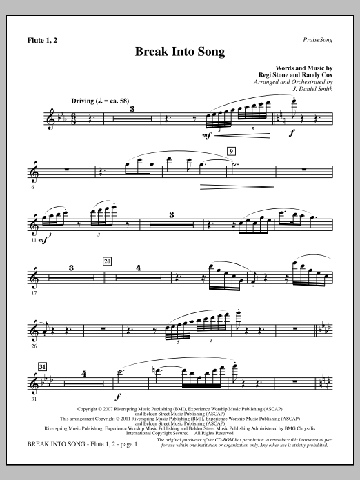 J. Daniel Smith Break Into Song - Flute 1 & 2 sheet music notes and chords arranged for Choir Instrumental Pak