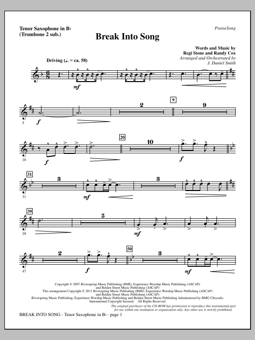 J. Daniel Smith Break Into Song - Tenor Sax (sub. Tbn 2) sheet music notes and chords arranged for Choir Instrumental Pak
