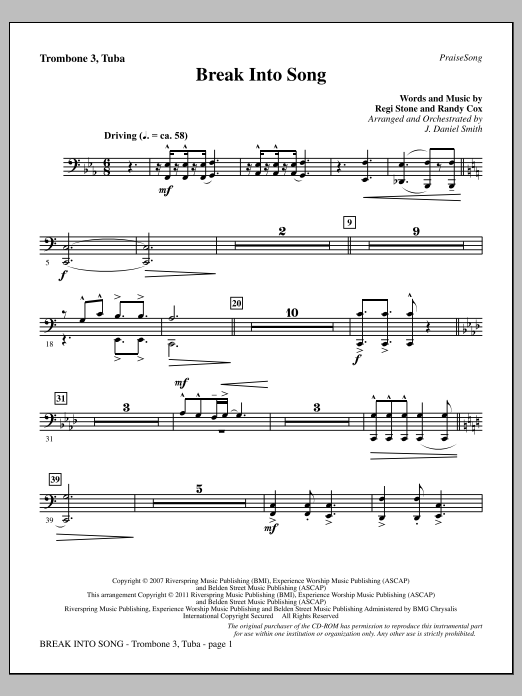 J. Daniel Smith Break Into Song - Trombone 3/Tuba sheet music notes and chords arranged for Choir Instrumental Pak