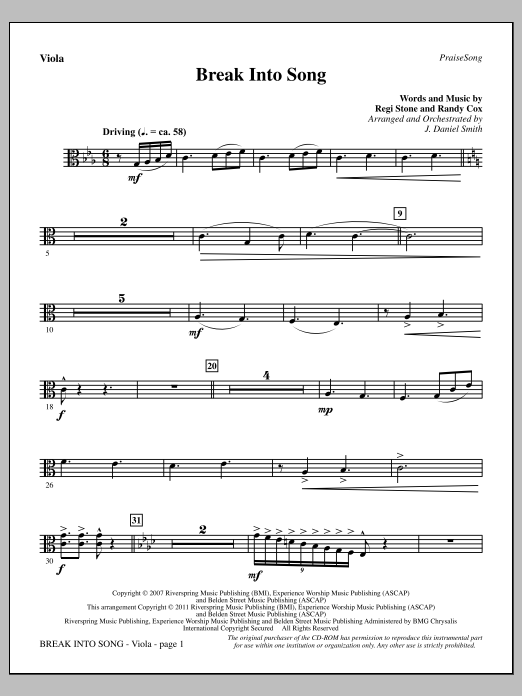 J. Daniel Smith Break Into Song - Viola sheet music notes and chords arranged for Choir Instrumental Pak