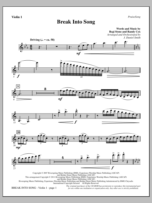 J. Daniel Smith Break Into Song - Violin 1 sheet music notes and chords arranged for Choir Instrumental Pak