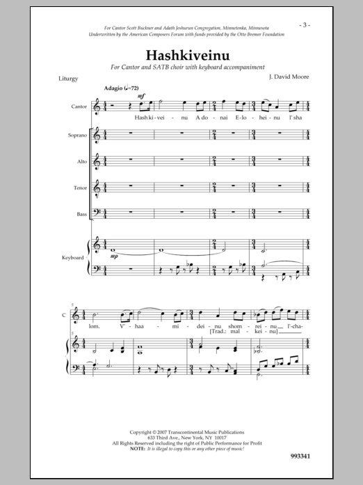 J. David Moore Hashkiveinu sheet music notes and chords arranged for SATB Choir
