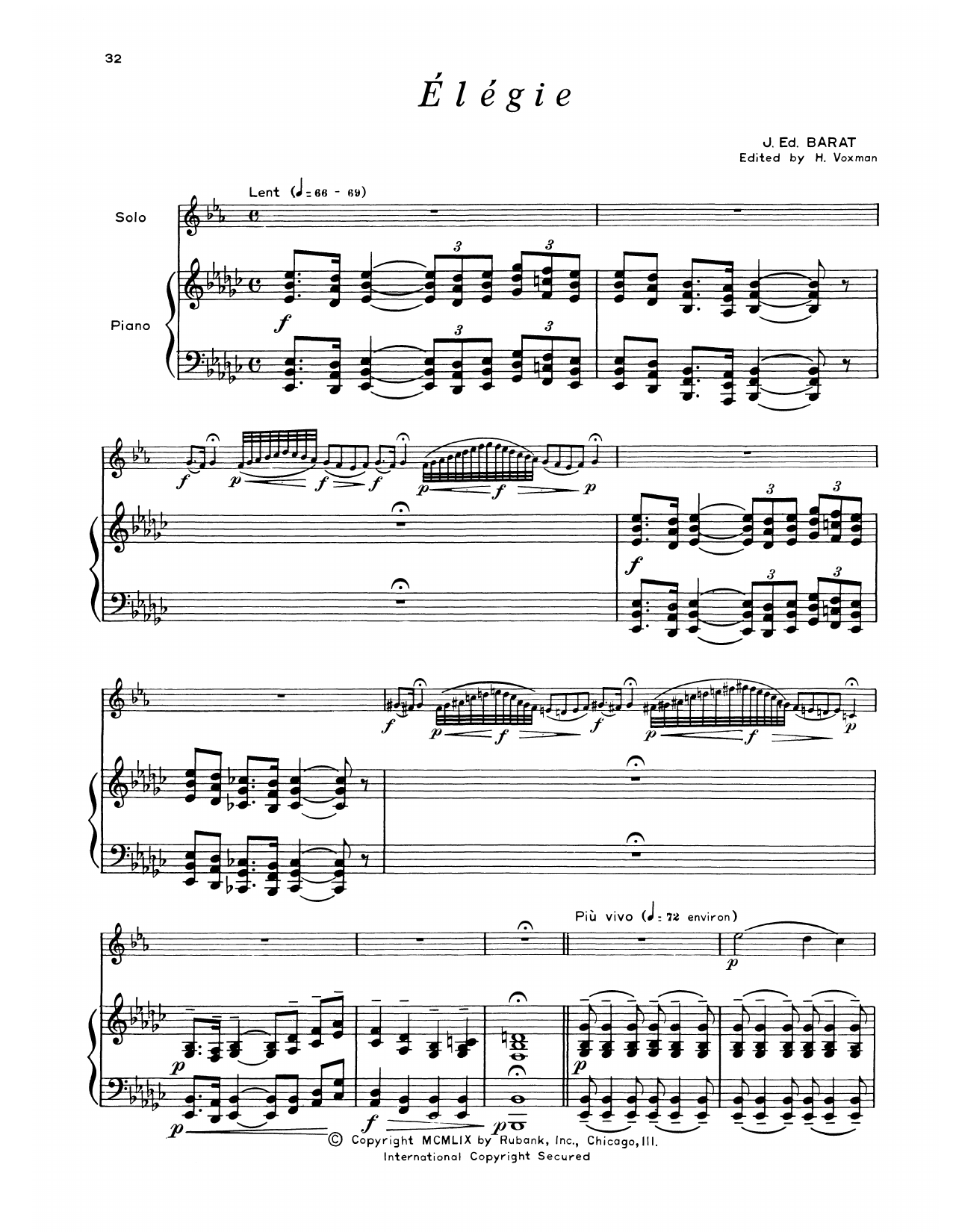 J. Ed. Barat Elegie sheet music notes and chords arranged for Alto Sax and Piano