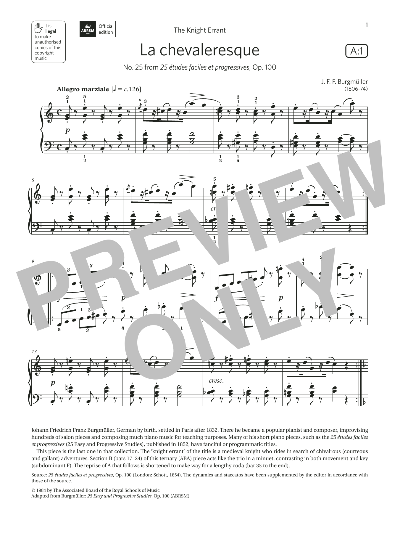 J. F. Burgmüller La chevaleresque (Grade 5, list A1, from the ABRSM Piano Syllabus 2021 & 2022) sheet music notes and chords arranged for Piano Solo